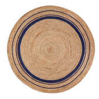 Beige Blue Jute Braided Round Rugfor Living Room – Designer handmade by LoomifyHome