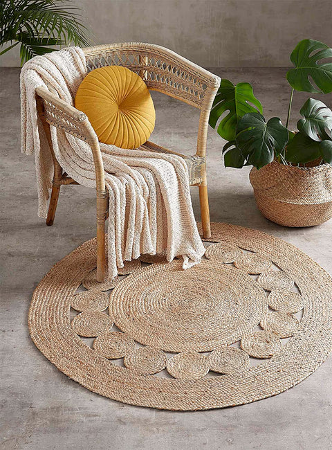 Beige Blue Jute Braided Round Rugfor Living Room – Coastal handmade by LoomifyHome