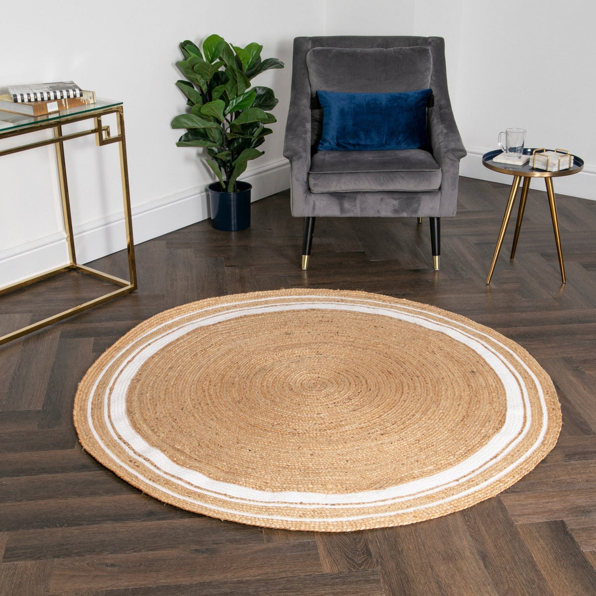 Beige Blue Jute Braided Round Rugfor Living Room – Circular handmade by LoomifyHome