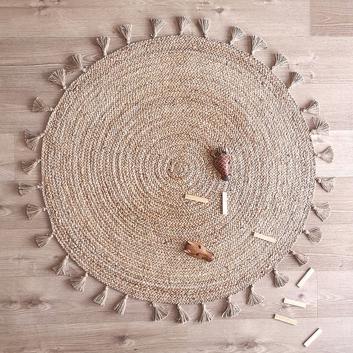 Beige Blue Jute Braided Round Rugfor Living Room – Handlooom handmade by LoomifyHome