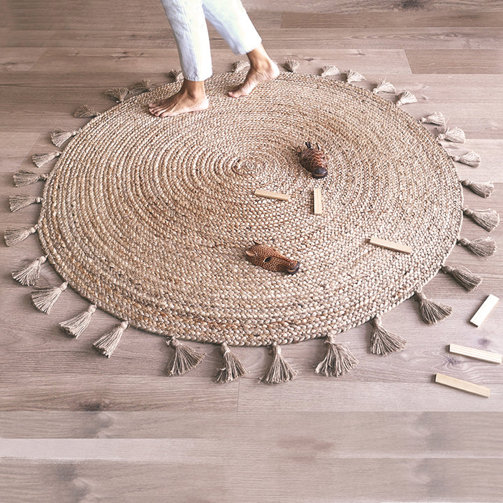 Beige Blue Jute Braided Round Rugfor Living Room – Handlooom handmade by LoomifyHome