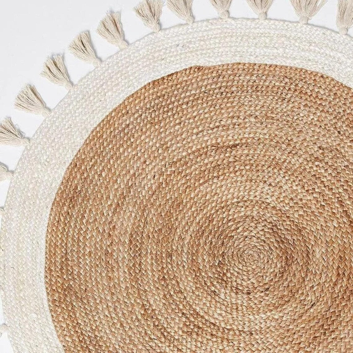 Beige Blue Jute Braided Round Rugfor Living Room – Floor handmade by LoomifyHome