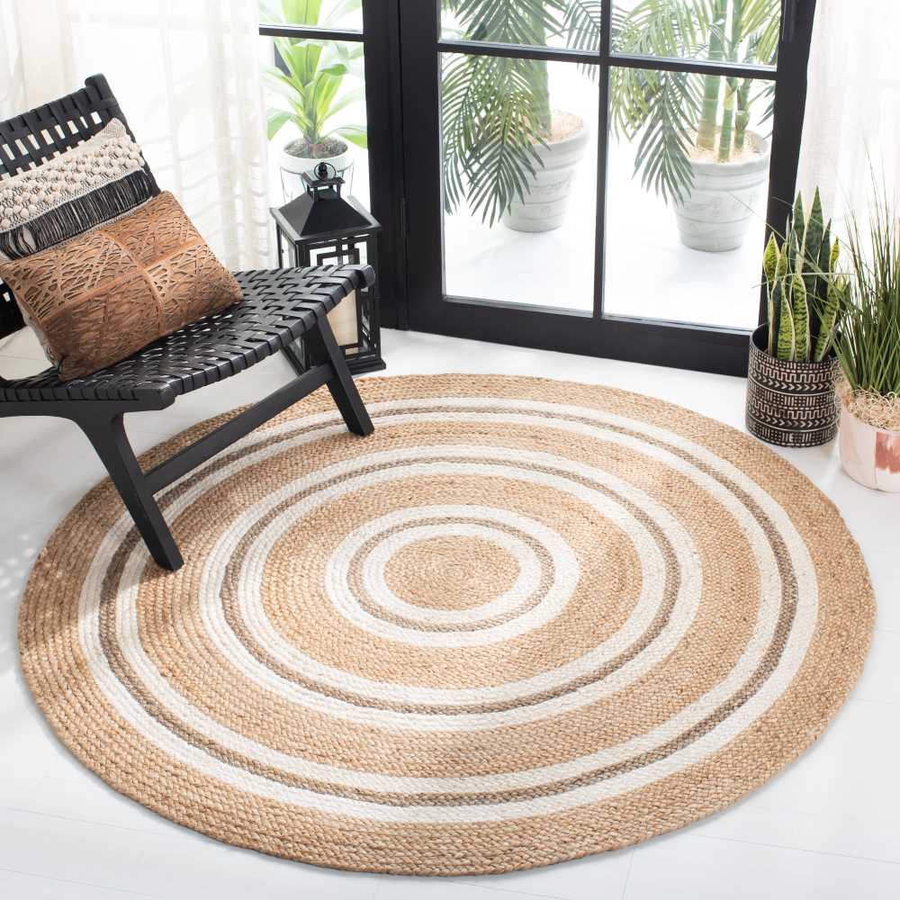 Beige Blue Jute Braided Round Rugfor Living Room – India handmade by LoomifyHome