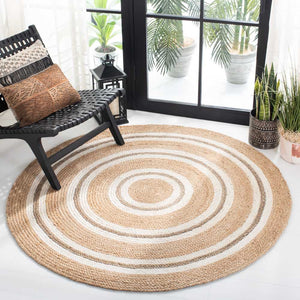 Beige Blue Jute Braided Round Rugfor Living Room – India handmade by LoomifyHome