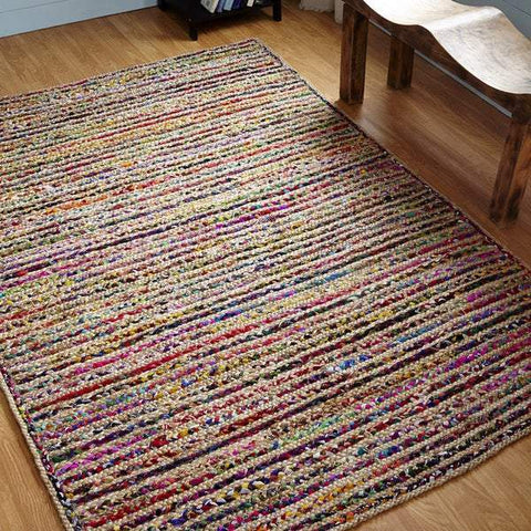 Beige Blue Jute Braided Area Rugfor Living Room – Striped handmade by LoomifyHome