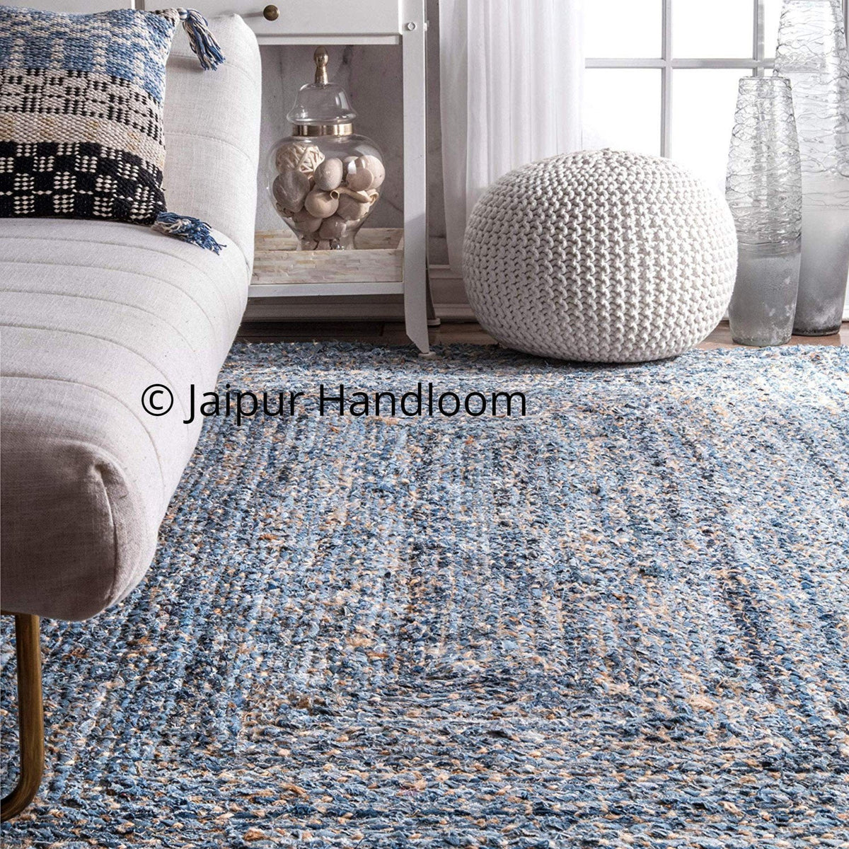 Beige Blue Jute Braided Runner Rugfor Living Room – Meditation handmade by LoomifyHome