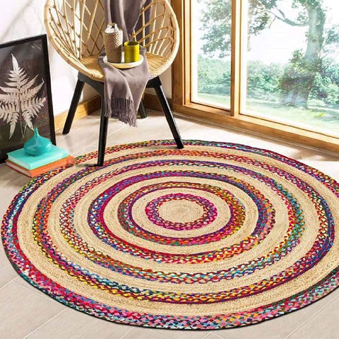 Beige Blue Jute Braided Round Rugfor Living Room – Artisan Style 35 handmade by LoomifyHome