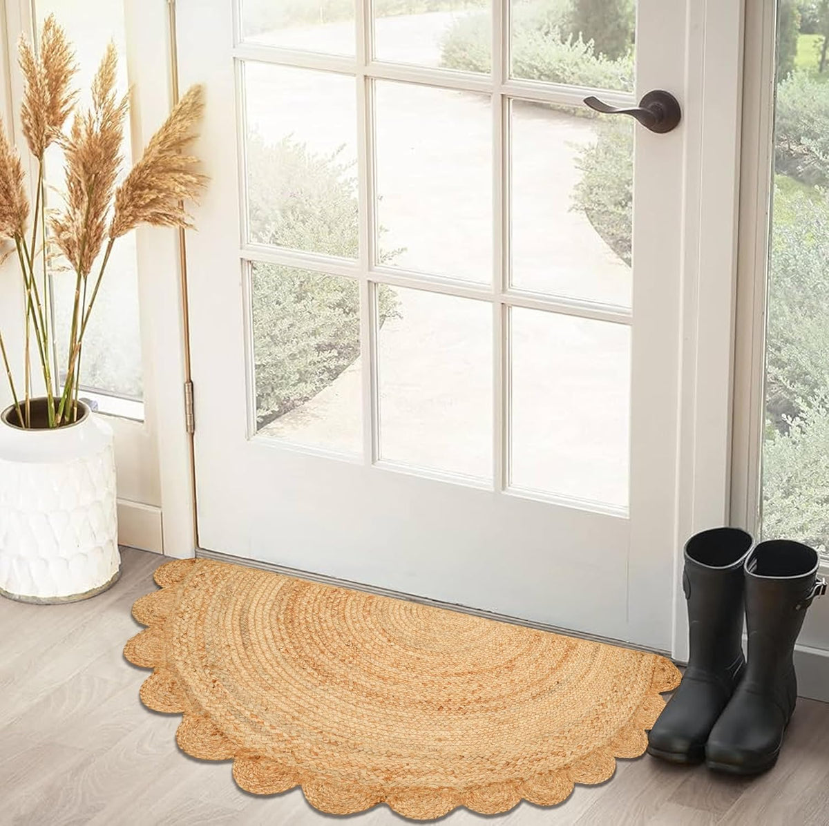 White Beige Jute Braided Half Moon Doormatfor Living Room – Artisan Style 8 handmade by LoomifyHome