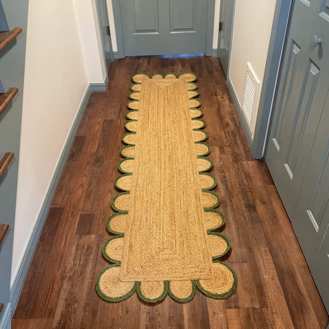 Beige Green Jute Braided Runner Rugfor Living Room – Scalloped handmade by LoomifyHome