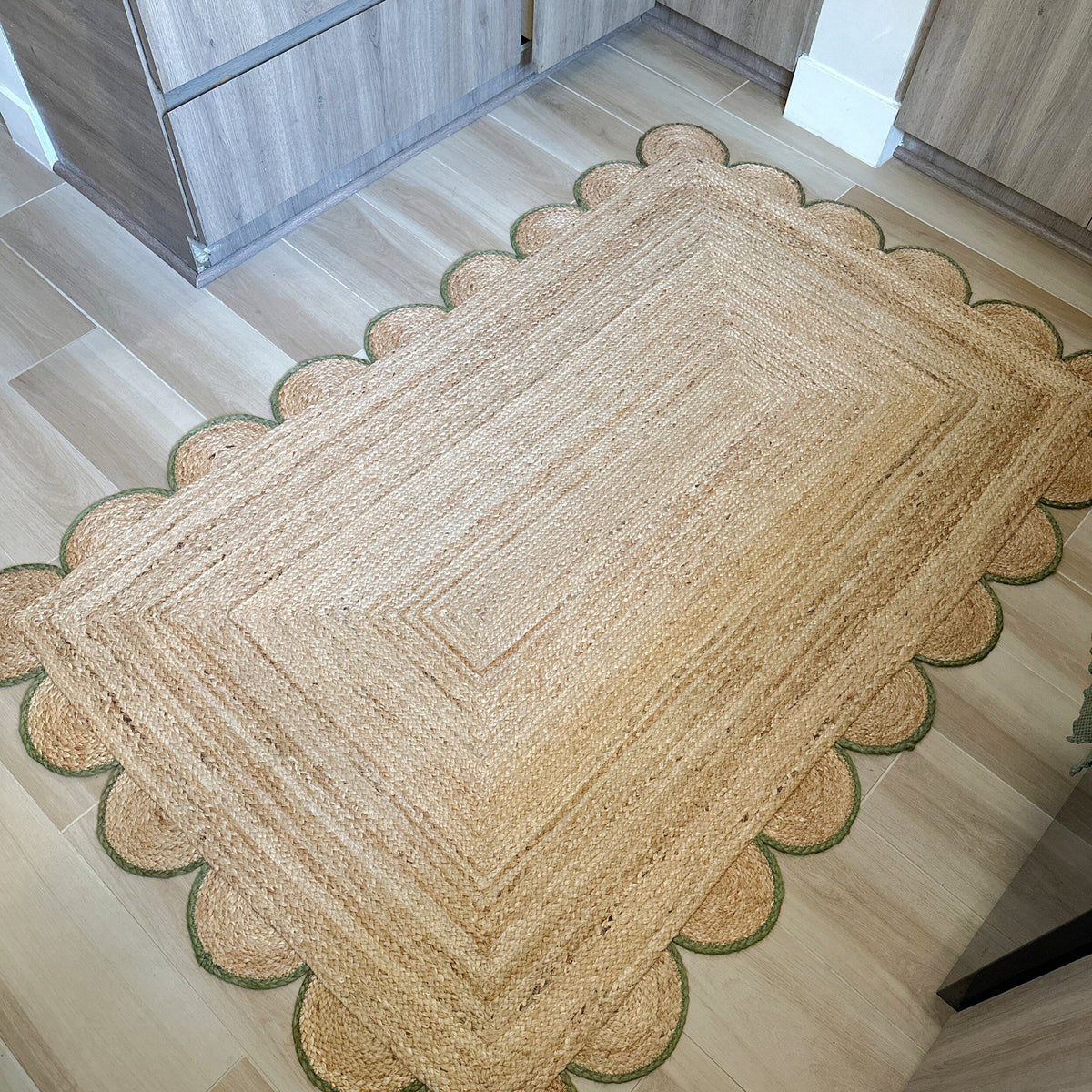 Beige Green Jute Braided Runner Rugfor Living Room – Scalloped handmade by LoomifyHome