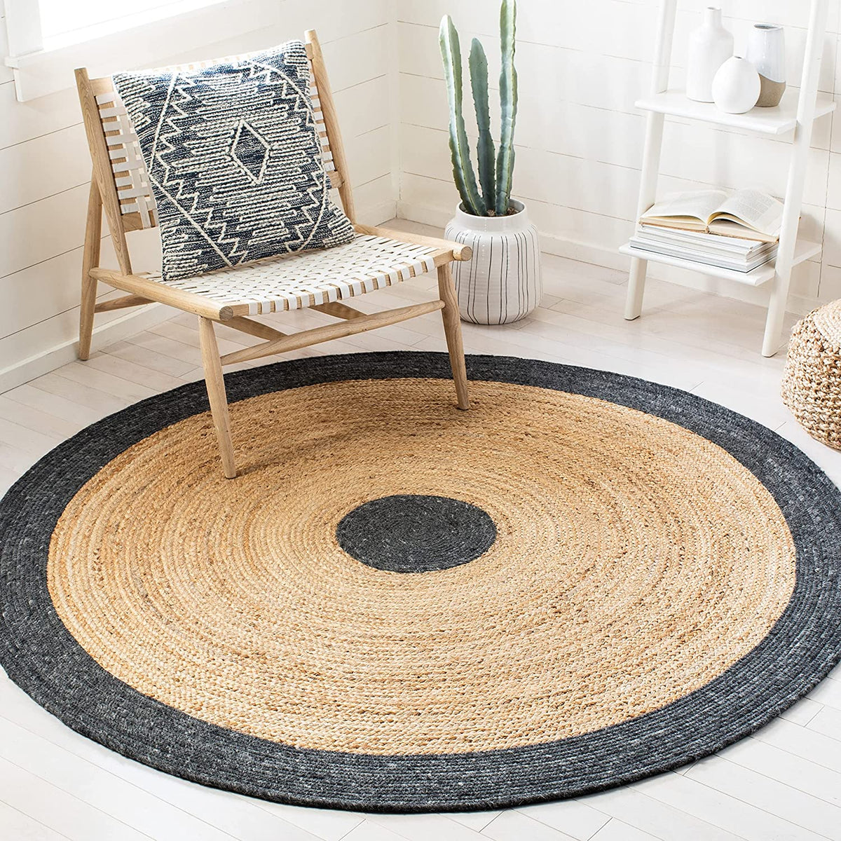 Beige Blue Jute Braided Round Rugfor Living Room – Bedroom Ready handmade by LoomifyHome
