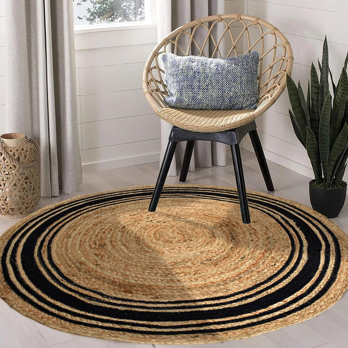 White Beige Jute Braided Round Rugfor Living Room – Striped handmade by LoomifyHome