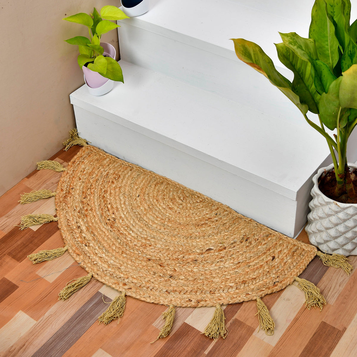 White Beige Jute Braided Half Moon Doormatfor Living Room – Natural handmade by LoomifyHome