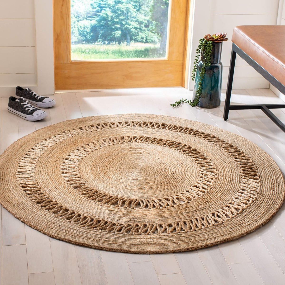 White Beige Jute Braided Round Rugfor Living Room – Border handmade by LoomifyHome