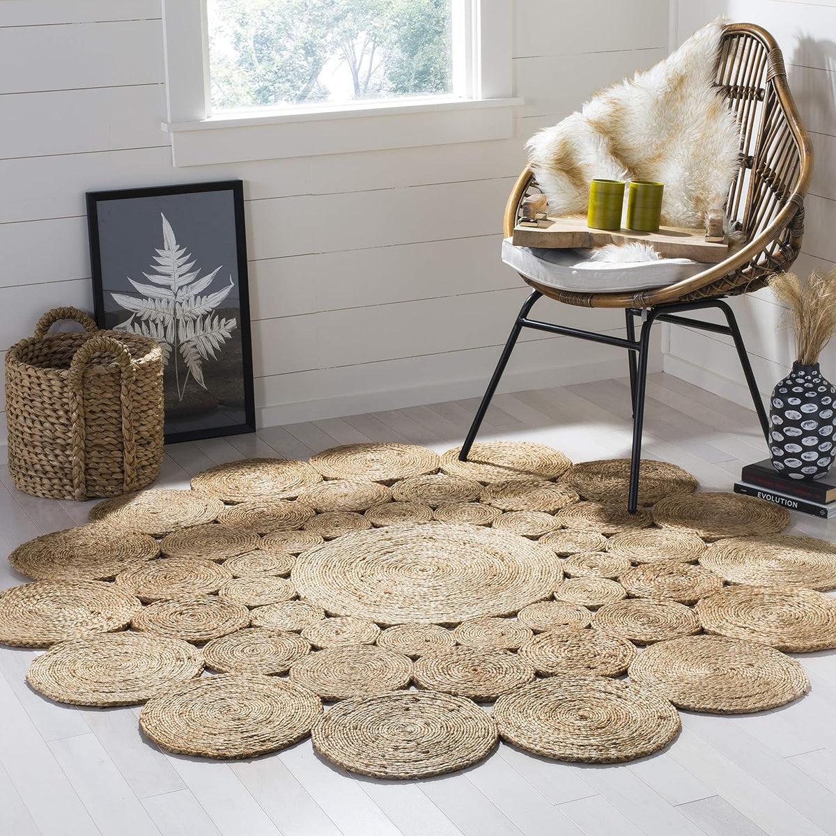 White Beige Jute Braided Round Rugfor Living Room – Signature Pattern handmade by LoomifyHome