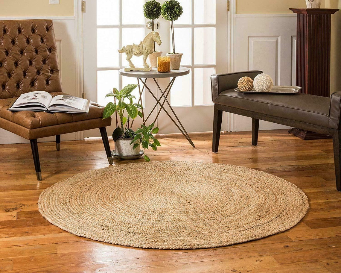 Beige Brown Jute Braided Round Rugfor Living Room – Scalloped handmade by LoomifyHome