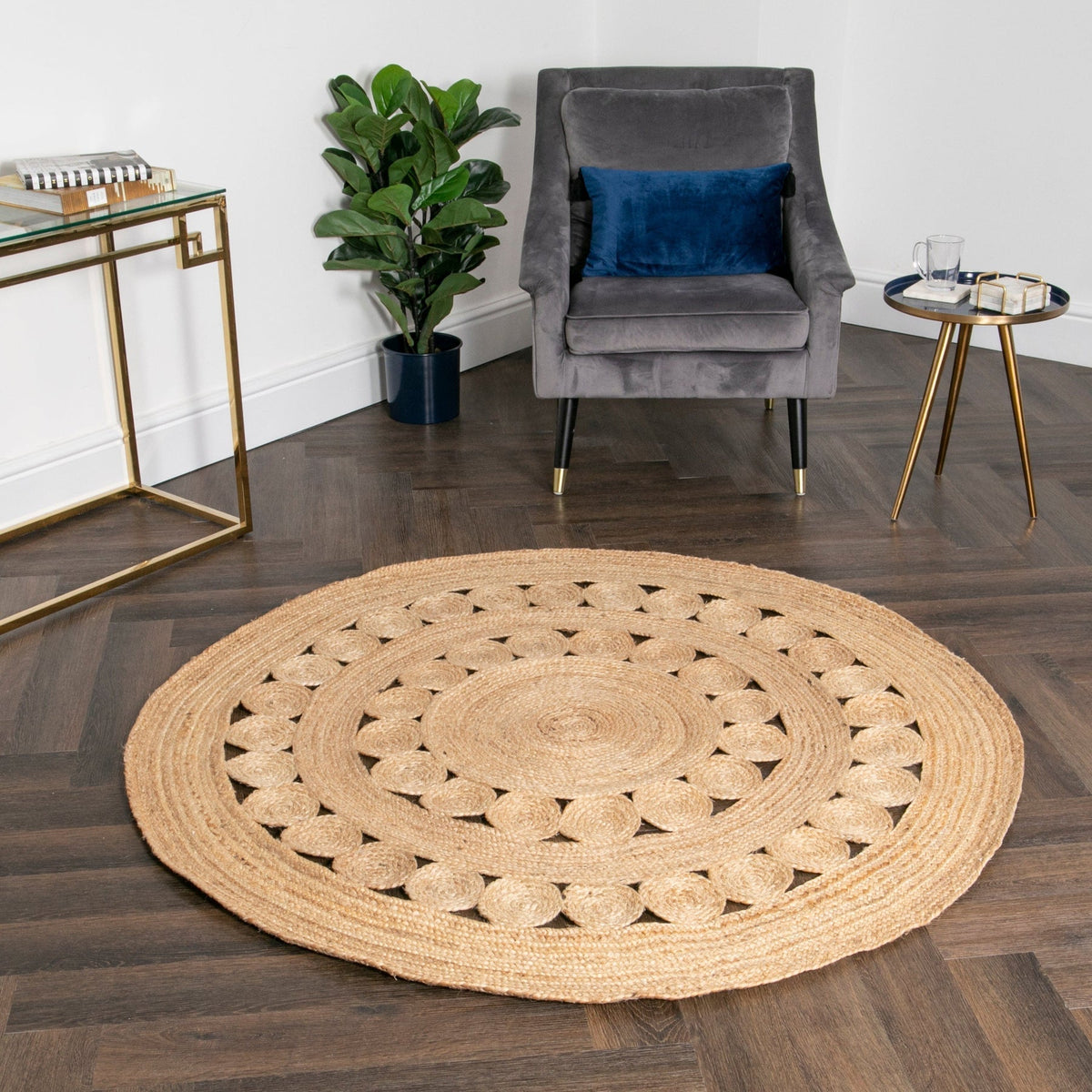 Beige Blue Jute Braided Round Rugfor Living Room – Studio Style Two handmade by LoomifyHome