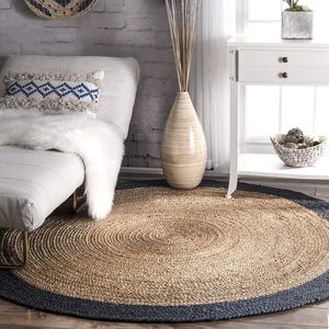 Beige Blue Jute Braided Round Rugfor Living Room – Artisan Style 31 handmade by LoomifyHome