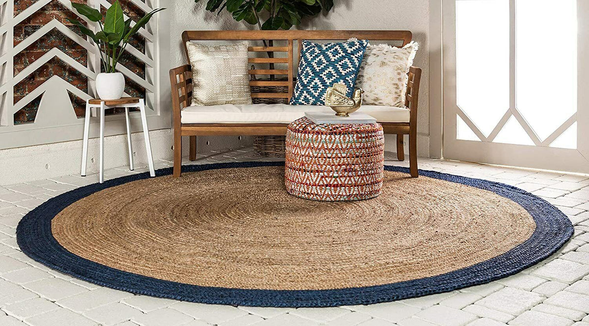 Beige Blue Jute Braided Round Rugfor Living Room – Artisan Style 31 handmade by LoomifyHome