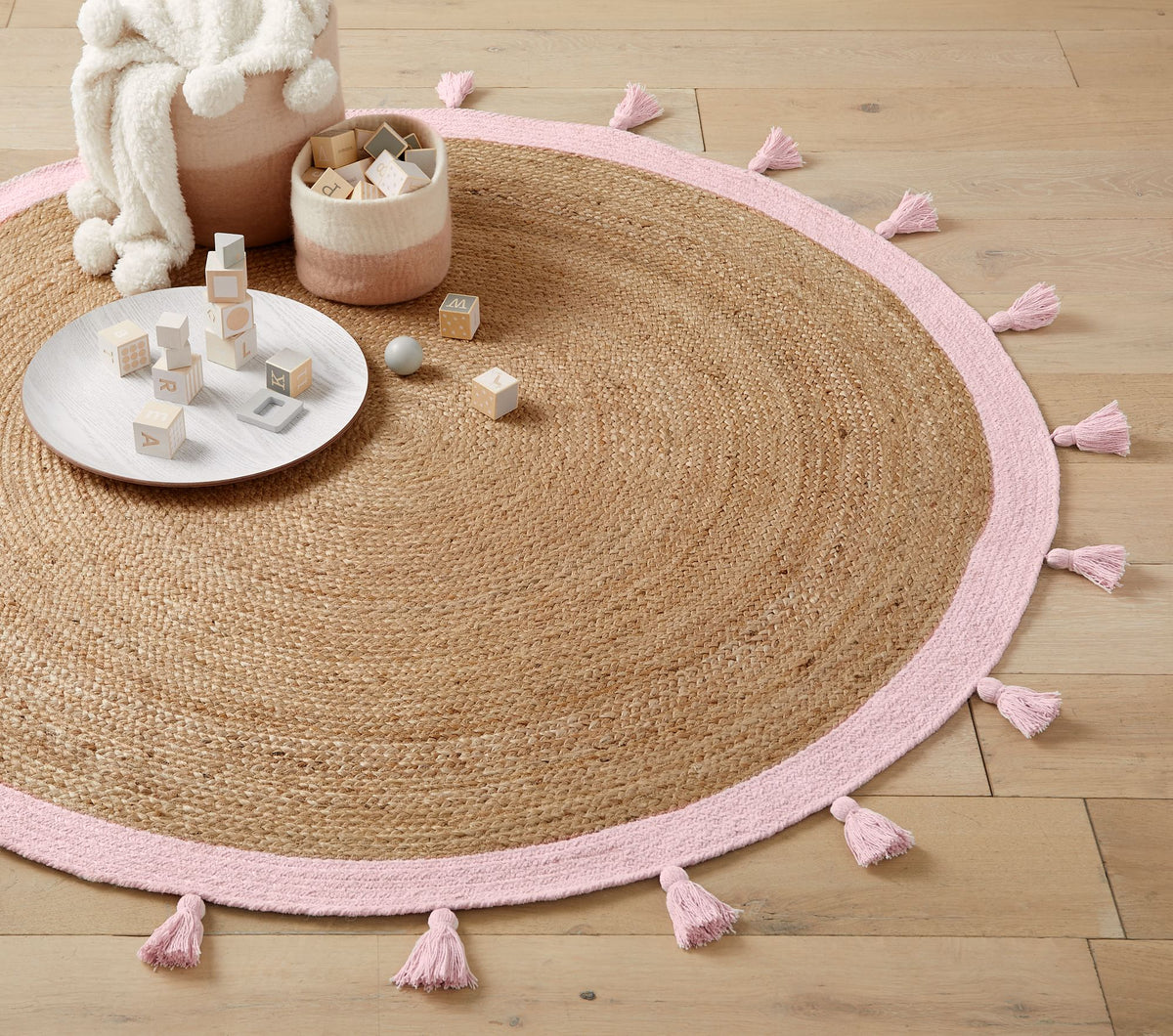 Beige Blue Jute Braided Round Rugfor Living Room – Signature Pattern handmade by LoomifyHome