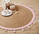 Beige Blue Jute Braided Round Rugfor Living Room – Signature Pattern handmade by LoomifyHome
