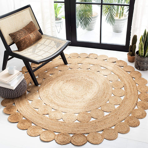 Beige Blue Jute Braided Round Rugfor Living Room – Artisan Style 8 handmade by LoomifyHome