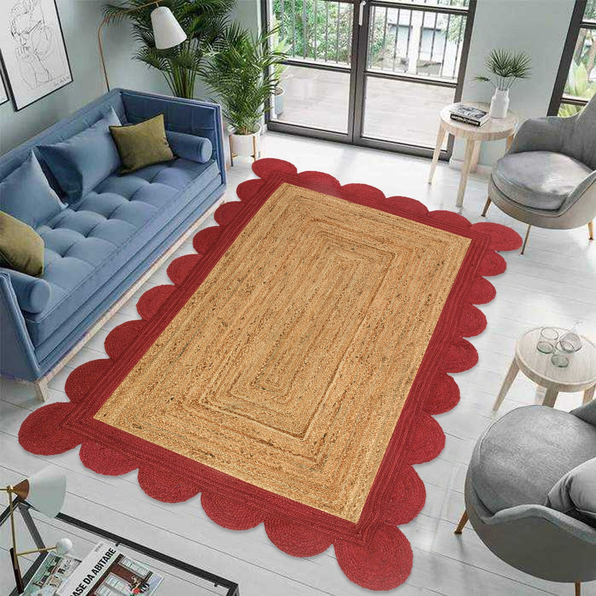 Beige Jute Braided Scalloped Rugfor Living Room handmade by LoomifyHome