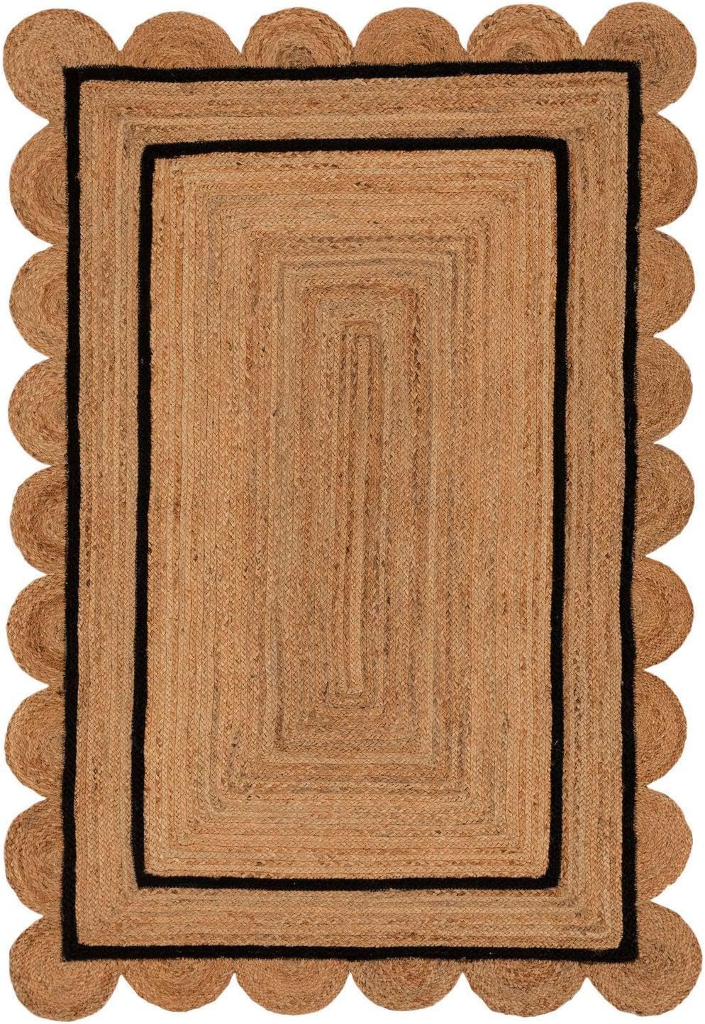 Black Beige Jute Braided Scalloped Rugfor Living Room handmade by LoomifyHome