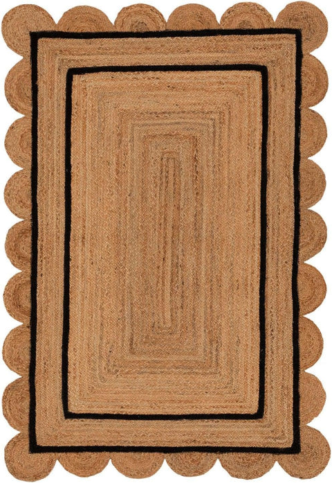 Black Beige Jute Braided Scalloped Rugfor Living Room handmade by LoomifyHome