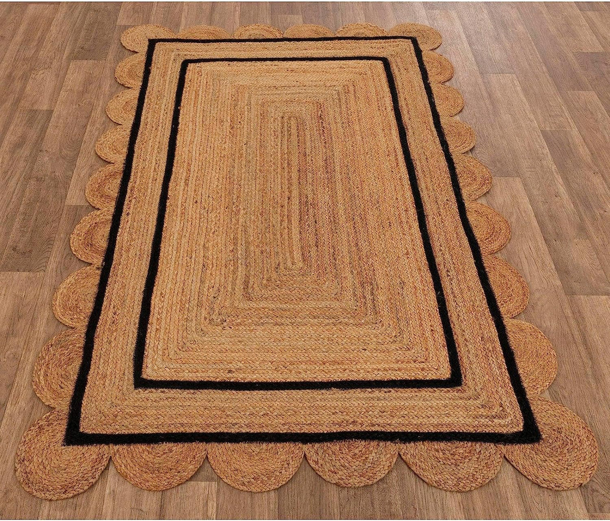 Black Beige Jute Braided Scalloped Rugfor Living Room handmade by LoomifyHome