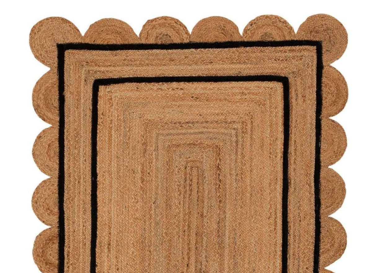 Black Beige Jute Braided Scalloped Rugfor Living Room handmade by LoomifyHome
