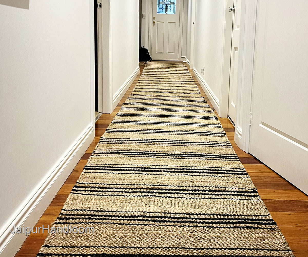 Black Beige Jute Braided Stair Runnerfor Living Room – Striped handmade by LoomifyHome