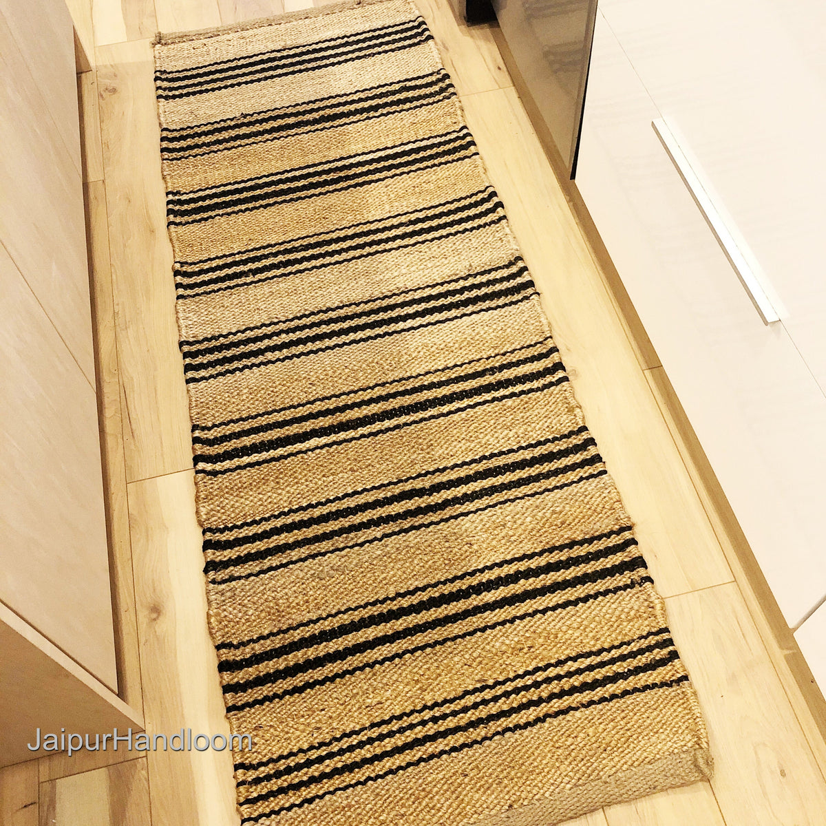 Black Beige Jute Braided Stair Runnerfor Living Room – Striped handmade by LoomifyHome