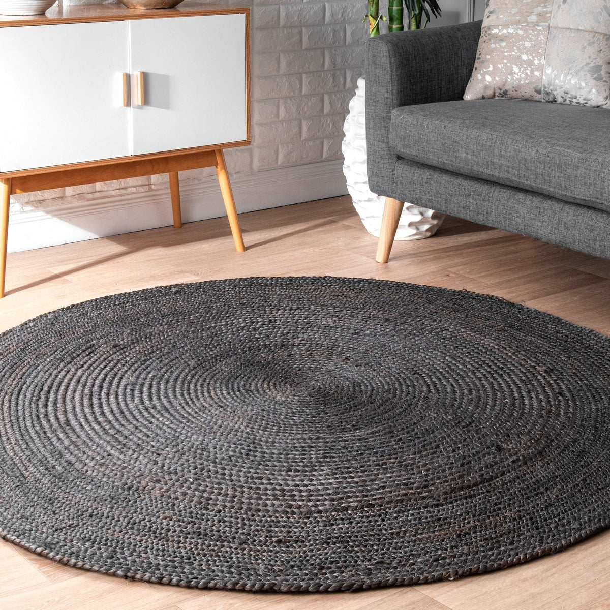 Beige Blue Jute Braided Round Rugfor Living Room – Loomed handmade by LoomifyHome