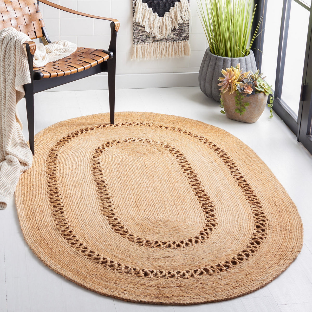 Beige Multicolor Jute Braided Oval Rugfor Living Room handmade by LoomifyHome