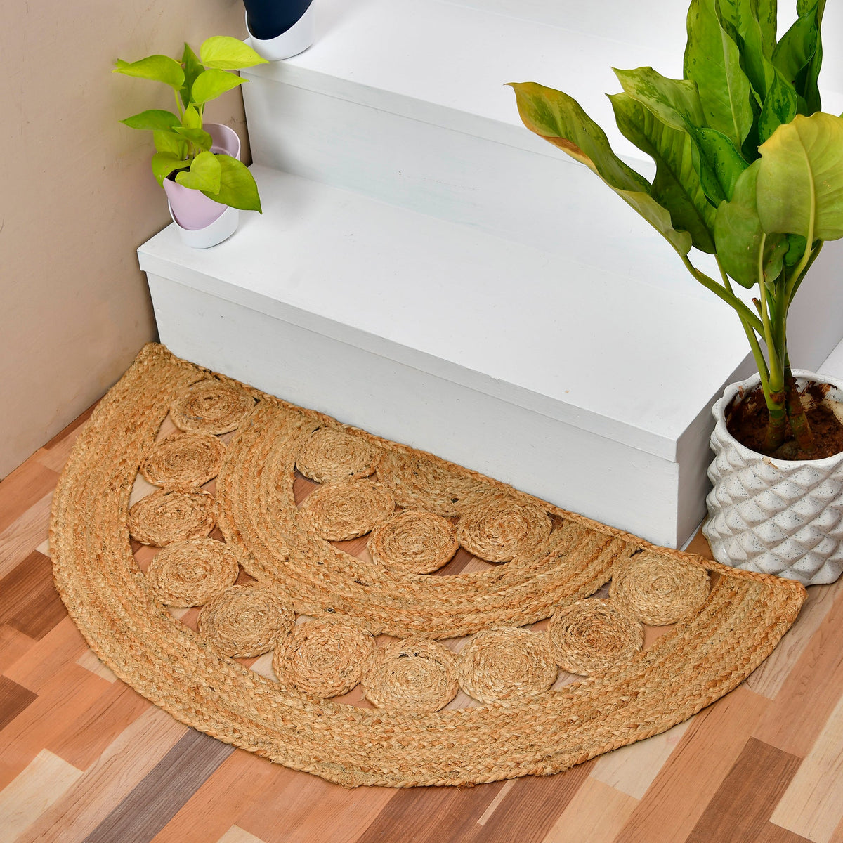 White Beige Jute Braided Half Moon Doormatfor Living Room – Layered Look handmade by LoomifyHome