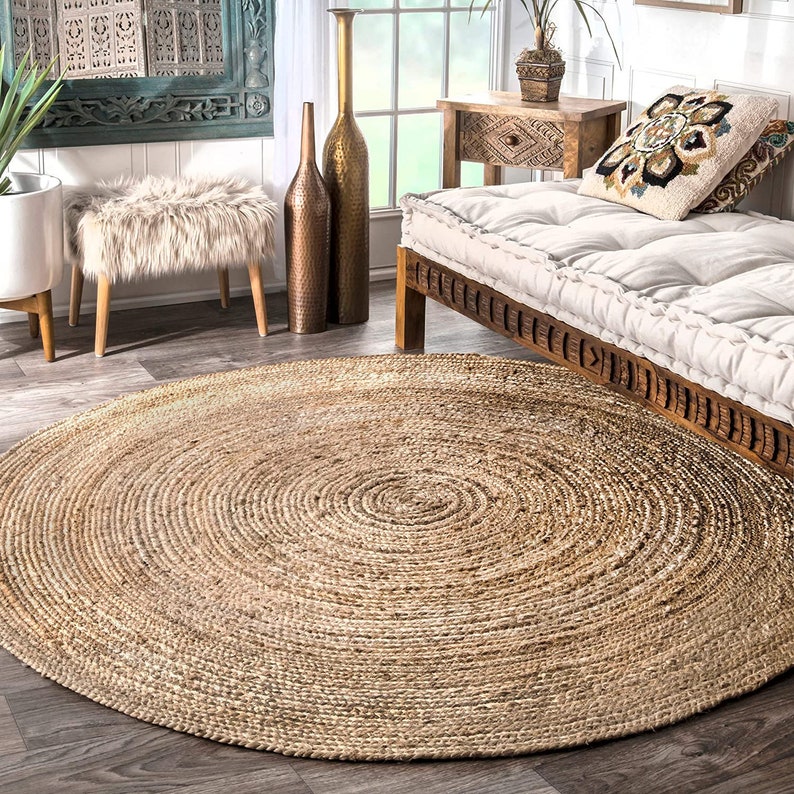 Beige Blue Jute Braided Round Rugfor Living Room – Mandala handmade by LoomifyHome