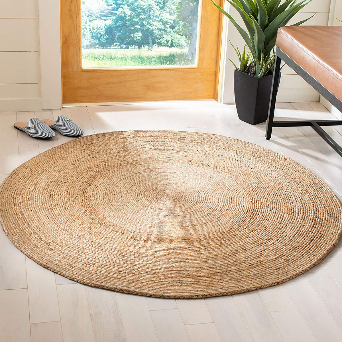 Beige Blue Jute Braided Round Rugfor Living Room – Mandala handmade by LoomifyHome