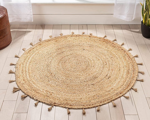 Beige Blue Jute Braided Round Rugfor Living Room – Layered Look handmade by LoomifyHome