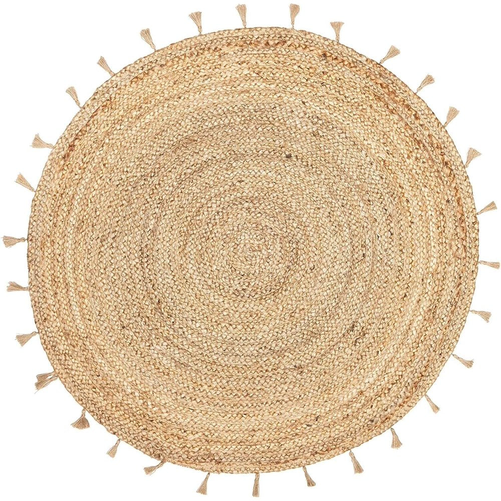Beige Blue Jute Braided Round Rugfor Living Room – Layered Look handmade by LoomifyHome