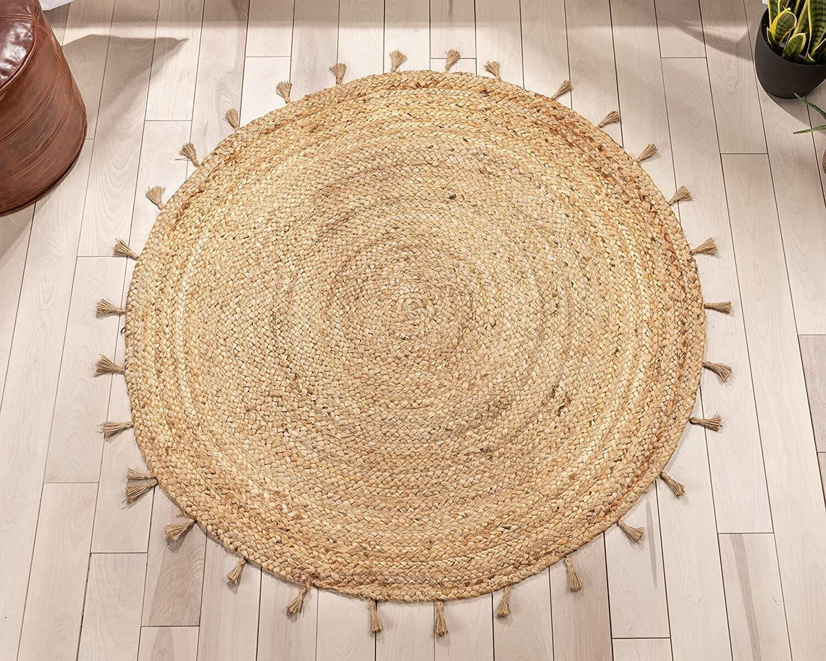 Beige Blue Jute Braided Round Rugfor Living Room – Layered Look handmade by LoomifyHome