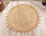 Beige Blue Jute Braided Round Rugfor Living Room – Layered Look handmade by LoomifyHome