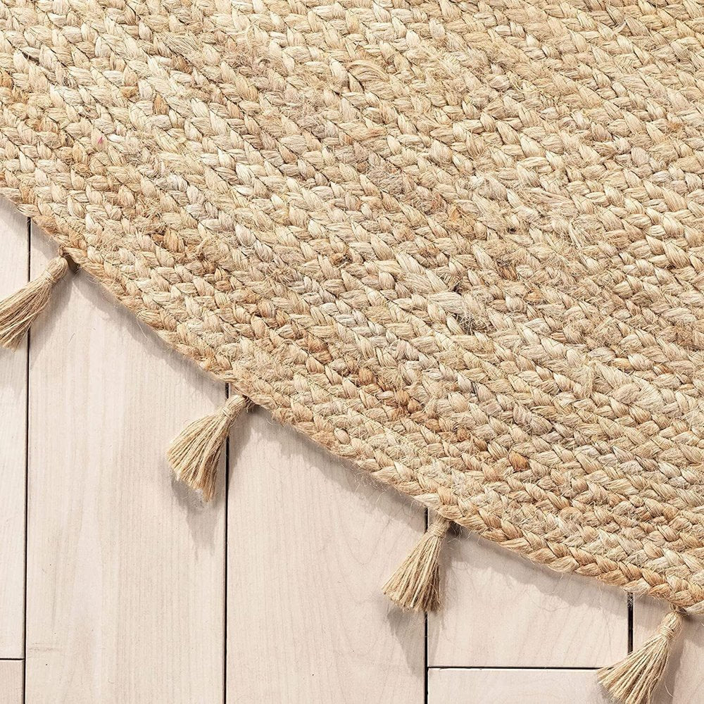 Beige Blue Jute Braided Round Rugfor Living Room – Layered Look handmade by LoomifyHome