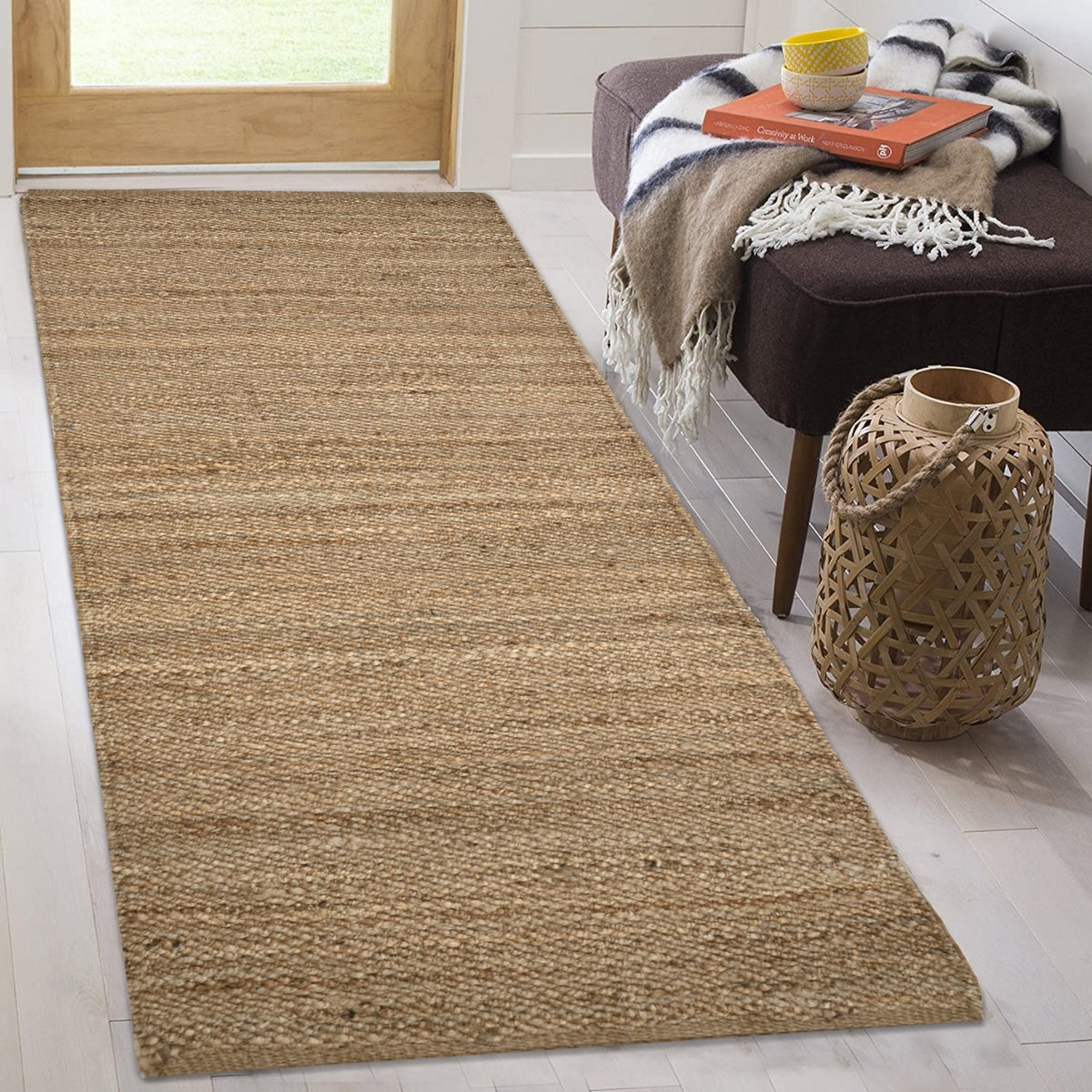 Beige Jute Braided Stair Runnerfor Living Room – Scalloped handmade by LoomifyHome