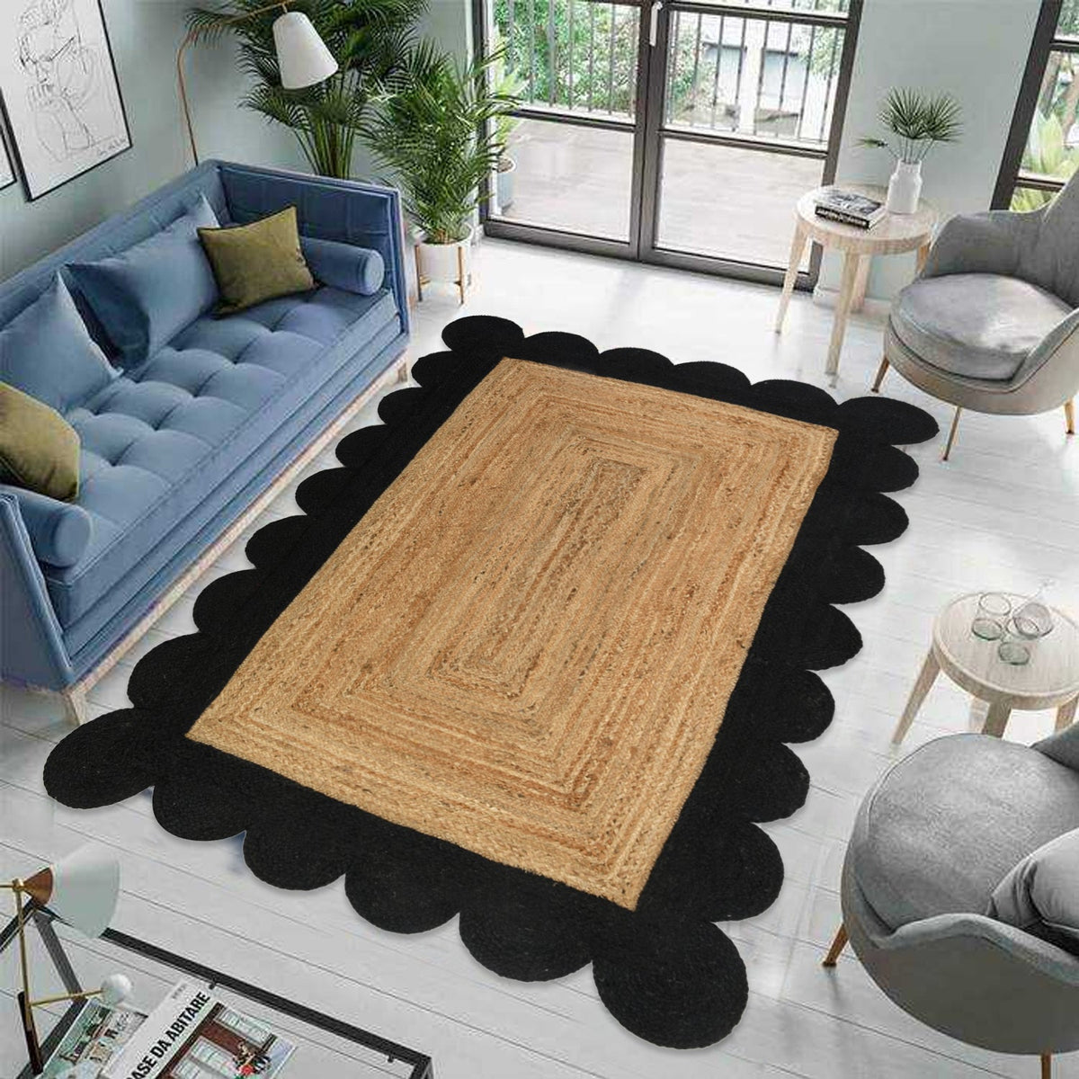 Black Beige Jute Braided Runner Rugfor Living Room – Scalloped handmade by LoomifyHome