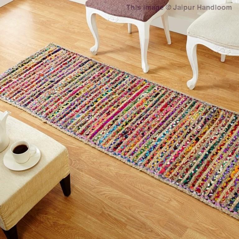Beige Blue Jute Braided Runner Rugfor Living Room – Striped handmade by LoomifyHome