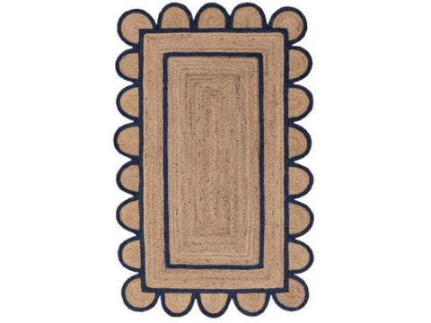 Beige Blue Jute Braided Scalloped Rugfor Living Room – 2 x 3 handmade by LoomifyHome