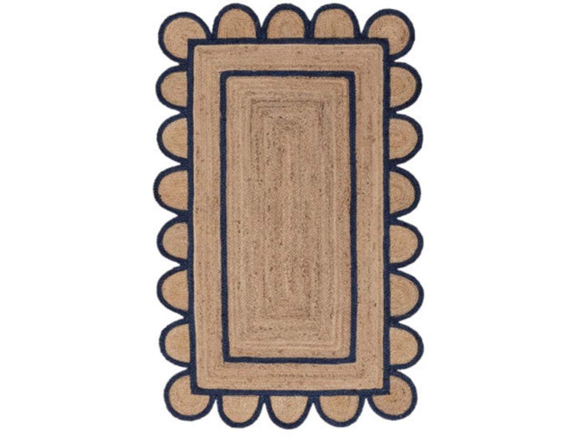 Beige Blue Jute Braided Scalloped Rugfor Living Room – 2 x 3 handmade by LoomifyHome