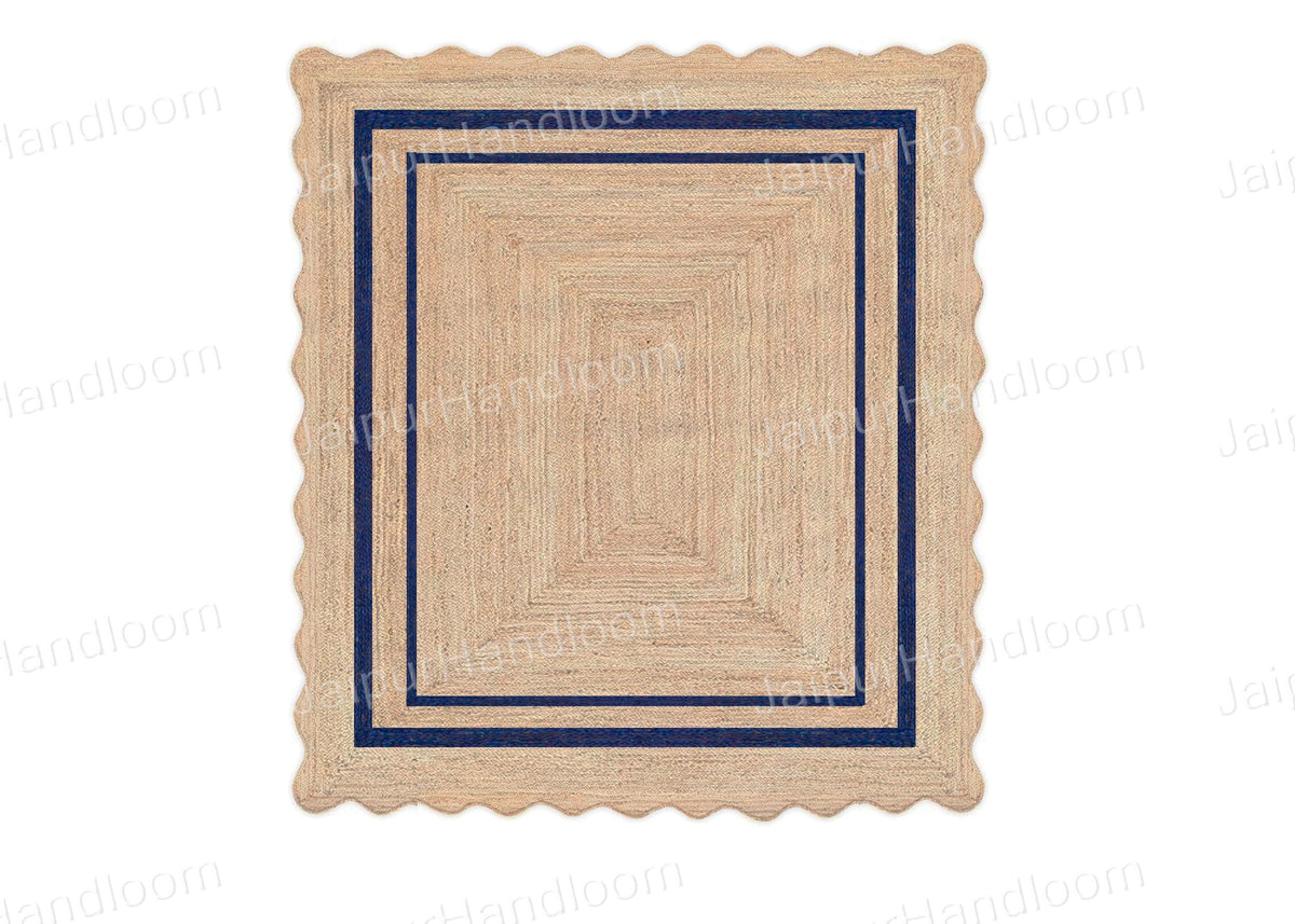 Beige Blue Jute Braided Runner Rugfor Living Room – Scalloped handmade by LoomifyHome