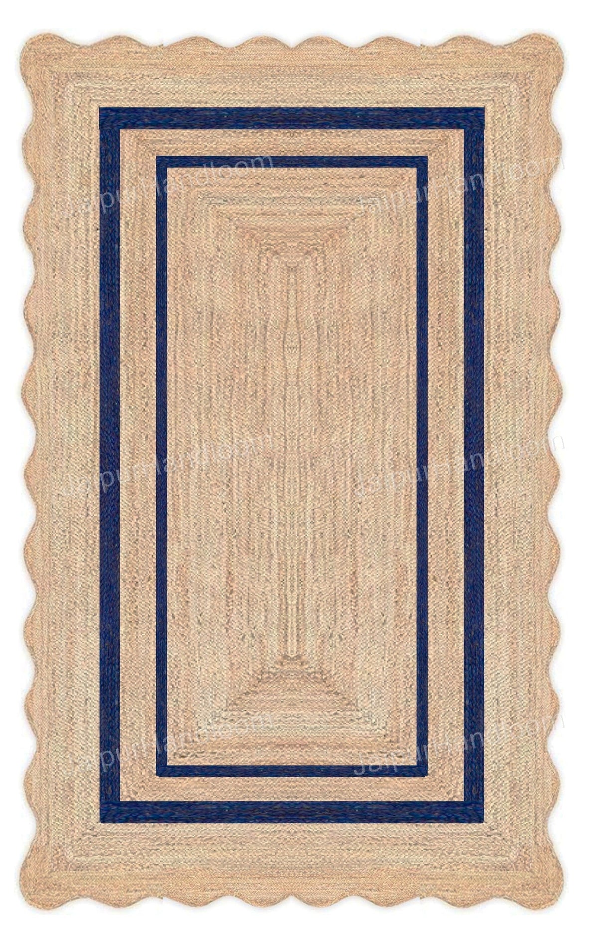 Beige Blue Jute Braided Runner Rugfor Living Room – Scalloped handmade by LoomifyHome